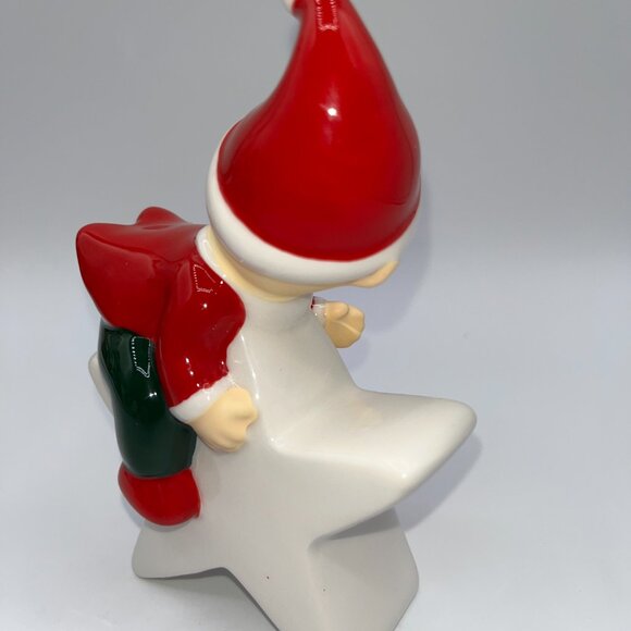 Retro Ceramic Red Elf Pixie Santa's Helper Sitting on a Golden Star Christmas - Picture 7 of 10